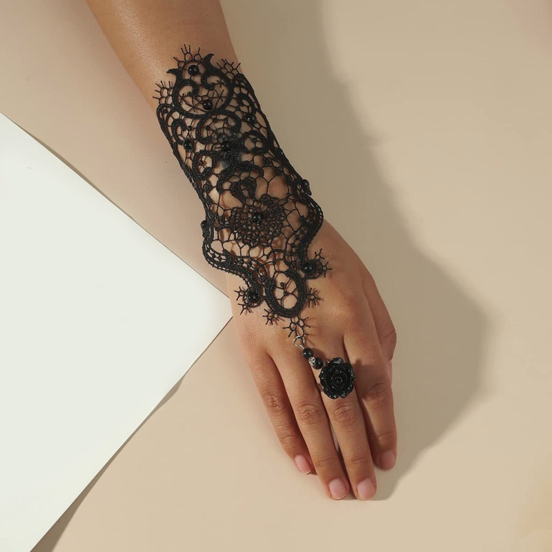 Găng Tay Ren Hở Ngón Màu Trắng / Đen Phong Cách Gothic