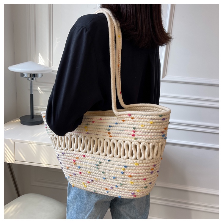 IELGY Túi Đeo Vai Bằng Rơm Đan Phối Sợi cotton Cỡ Lớn Thời Trang Cho Nữ