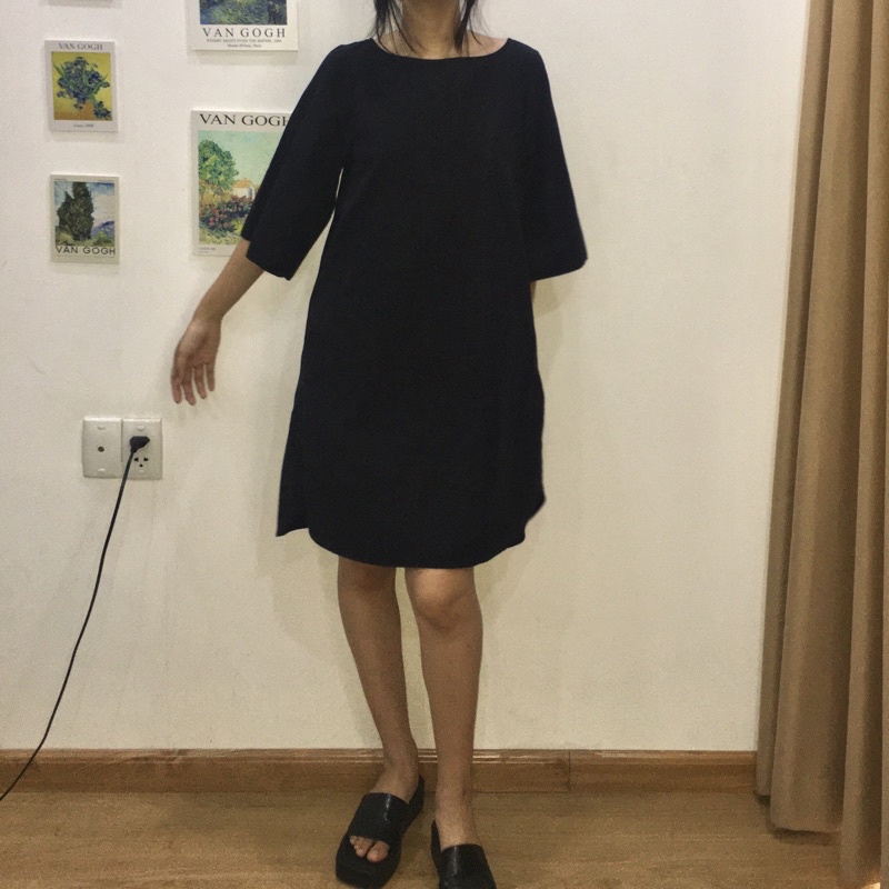 Basic Little Black Shirt Dress - Thanh lý đầm váy sơ mi đen cổ vuông tay chuông dáng suông xoè đơn giản công sở