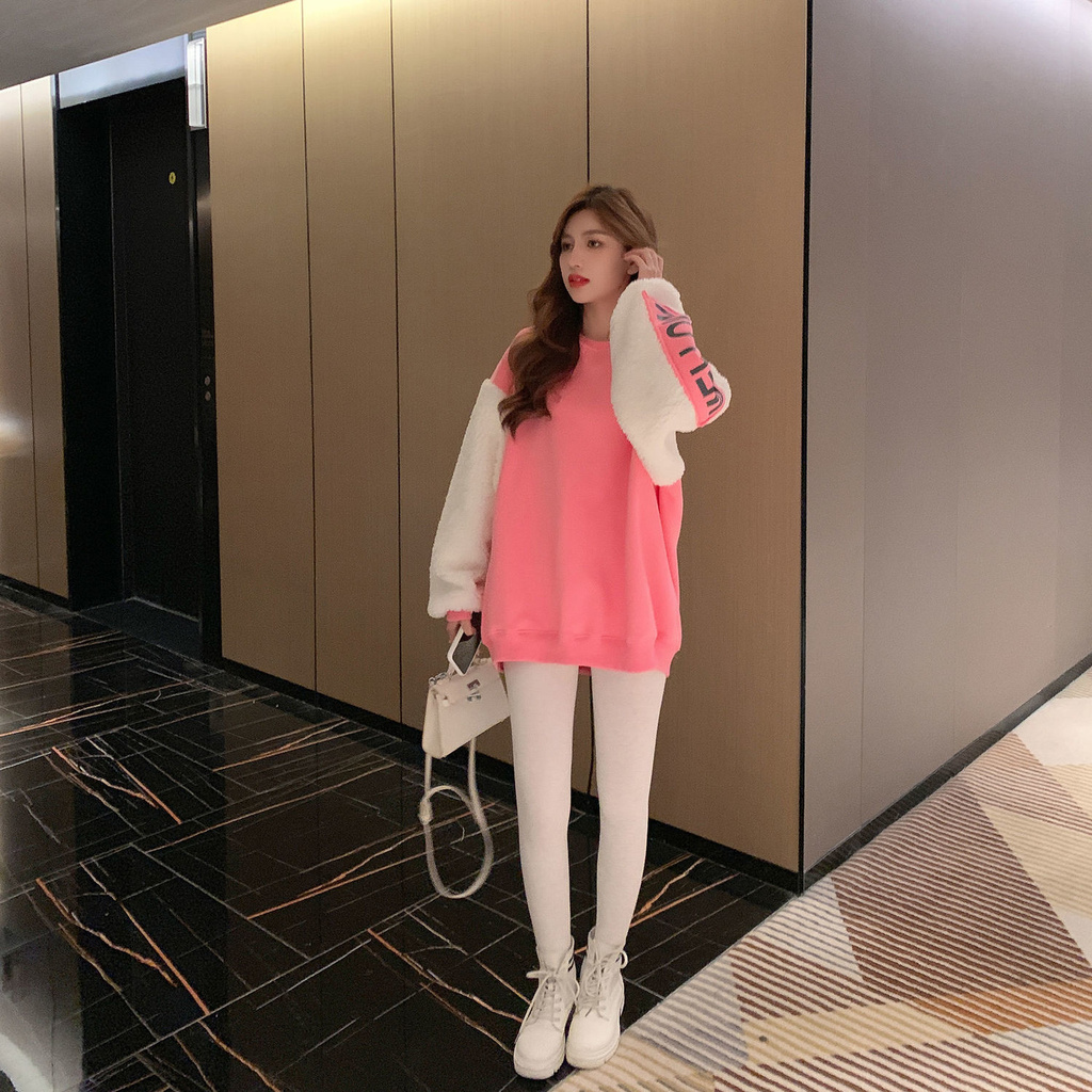 Áo Sweater Lông Cừu Cổ Tròn Dáng Dài Kiểu Hàn Quốc Thời Trang Mùa Đông Cho Nữ