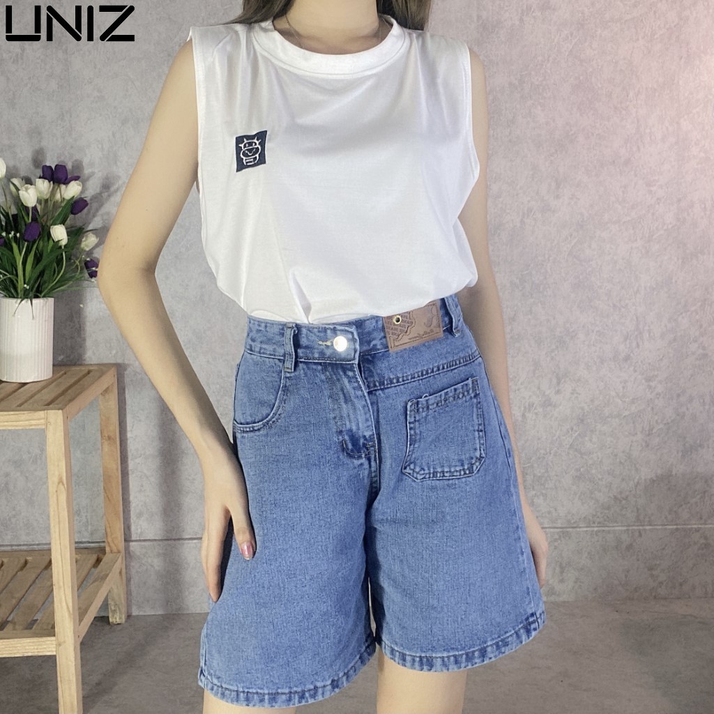 Quần Short Nữ Túi Trước UNIZ Q9015 (2 Màu), Ulzzang, Dáng Lửng, Cạp Cao, Ống Rộng Vừa, Vải Jean, Co Giãn, Mềm Nhẹ