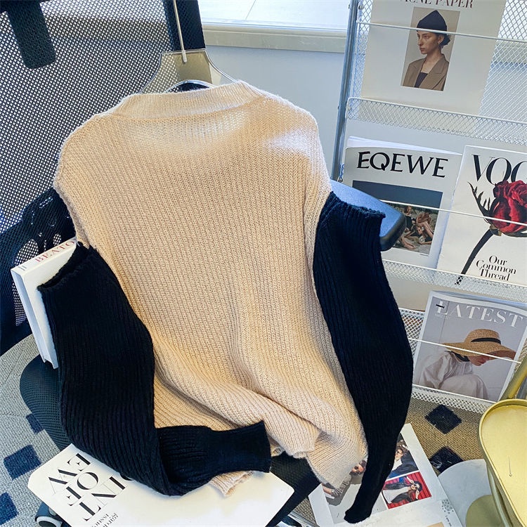 Áo Len Dáng Rộng Hở Vai Màu Sắc Tương Phản Thời Trang Thu Đông Dành Cho Nữ