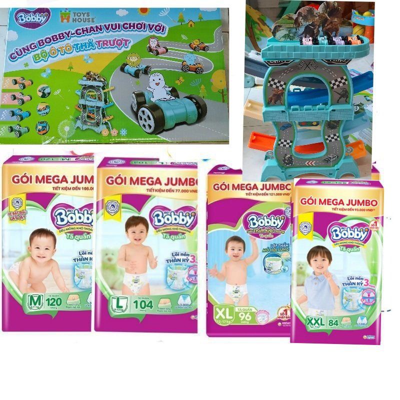 [TẶNG BỘ Ô TÔ THẢ TRƯỢT TOYS HOUSE] Tã quần Bobby - Đệm thấm lưng mồ hôi Mega Jumbo M120L104XL96