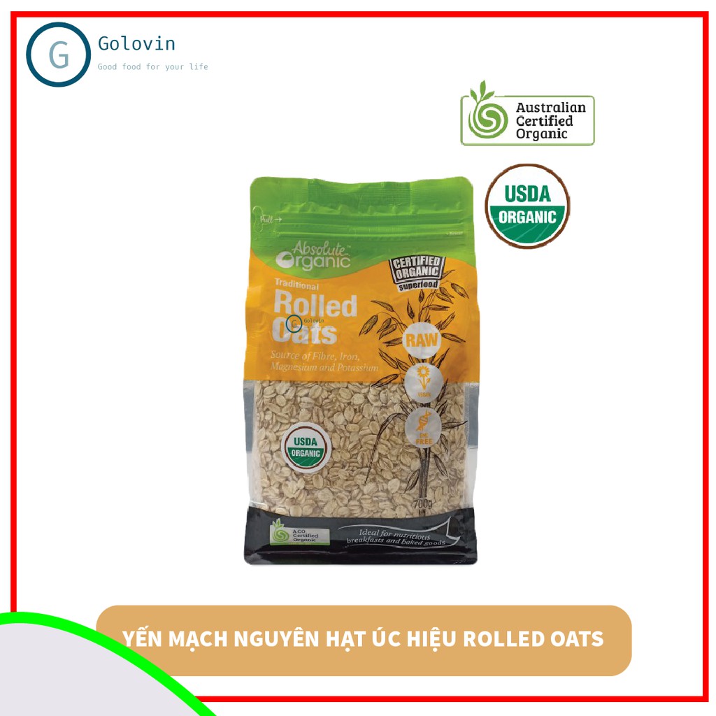 Yến mạch nguyên hạt ăn liền Absolute Organic hiệu Rolled Oats nhập khẩu Úc túi 700gr giúp giảm cân, cho bé ăn dặm