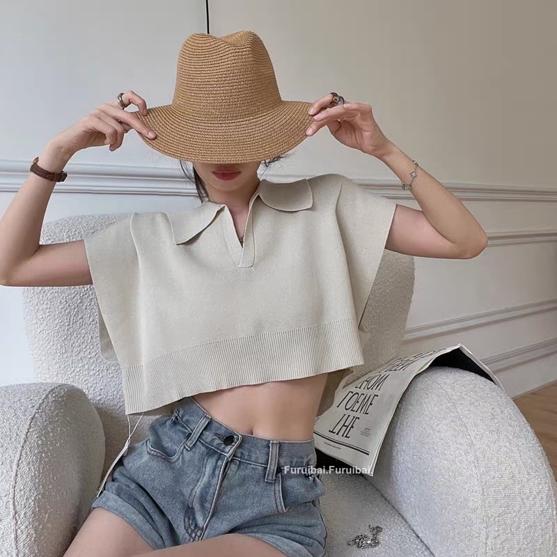 Order áo croptop len cổ polo form rộng mùa hè