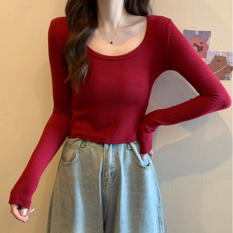 IELGY    Áo Thun Tay Dài Cổ Chữ U Dáng Ôm Thời Trang Cho Nữ