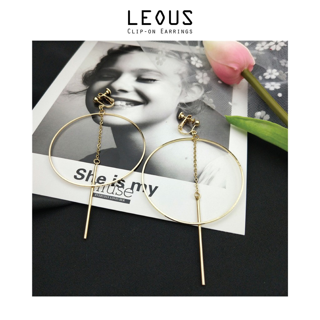 Khuyên tai kẹp không bấm lỗ chốt điều chỉnh K146 bằng hợp kim mạ vàng hình tròn bigsize dáng dài Leous Accesories