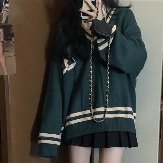 Áo sweater tay dài dáng rộng màu sắc tương phản phong cách Hàn Quốc thời trang 2021 dành cho nữ | BigBuy360 - bigbuy360.vn