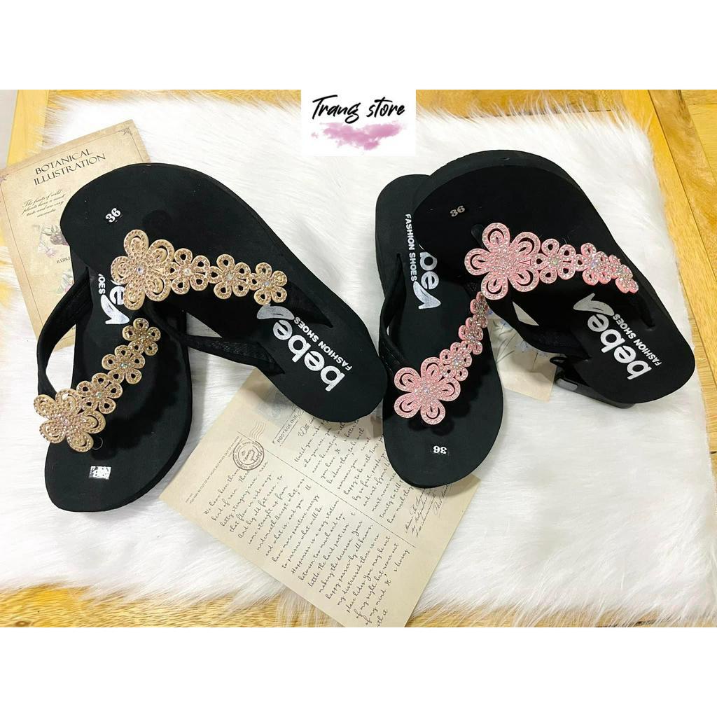 Dép nữ quai xỏ kẹp 7cm họa tiết hoa mai đế xuồng siêu nhẹ