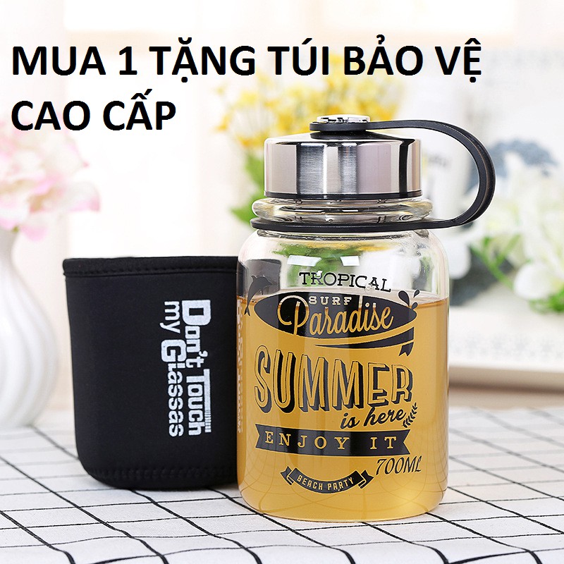 Bình đựng nước thuỷ tinh cao cấp TROPICAL PARADISE 700ml có ngăn pha trà Inox SUS 304 - Chịu nhiệt - Hoa Văn cao cấp