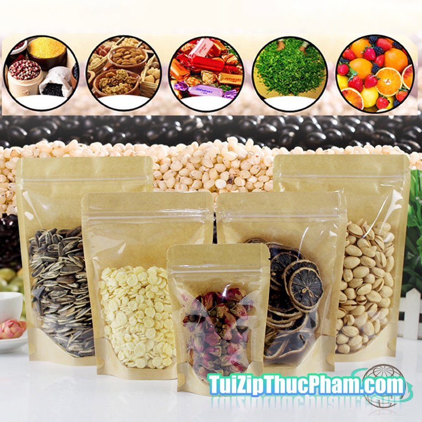 100 cái túi zipper size 09x14cm túi zip giấy kraft vàng 1 mặt trong suốt, túi zipper chất lượng cao, mẫu 04