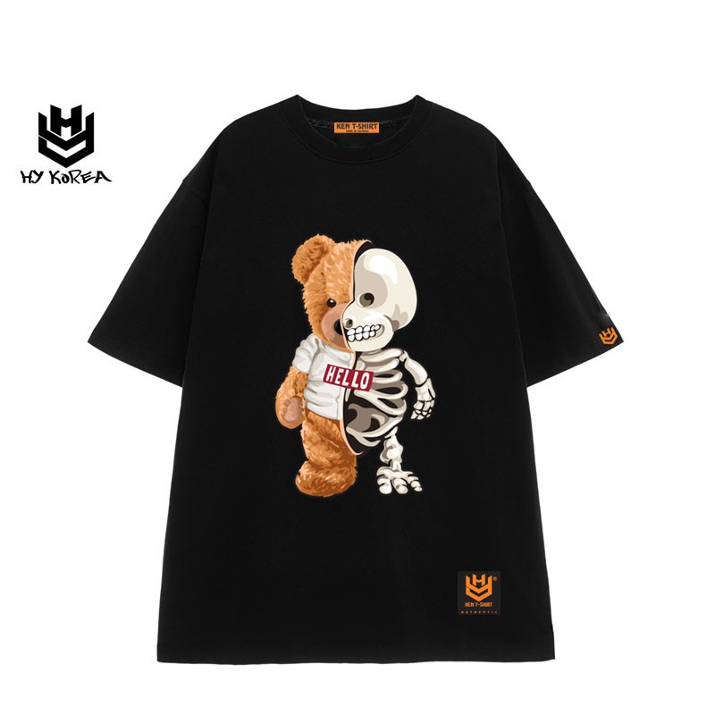 Áo thun tay lỡ HY KOREA nam nữ form rộng unisex Cotton 75% in hình Gấu xương DC208.