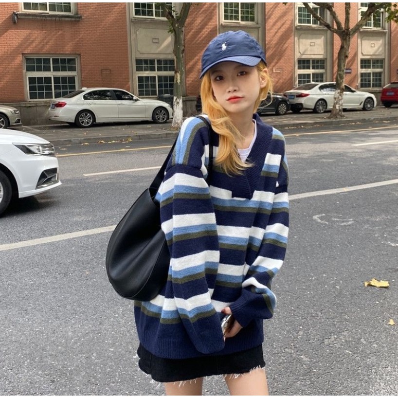 Áo Len Tay Dài Dáng Rộng Họa Tiết Kẻ Sọc Phong Cách Hàn Quốc Thời Trang Cho Nữ