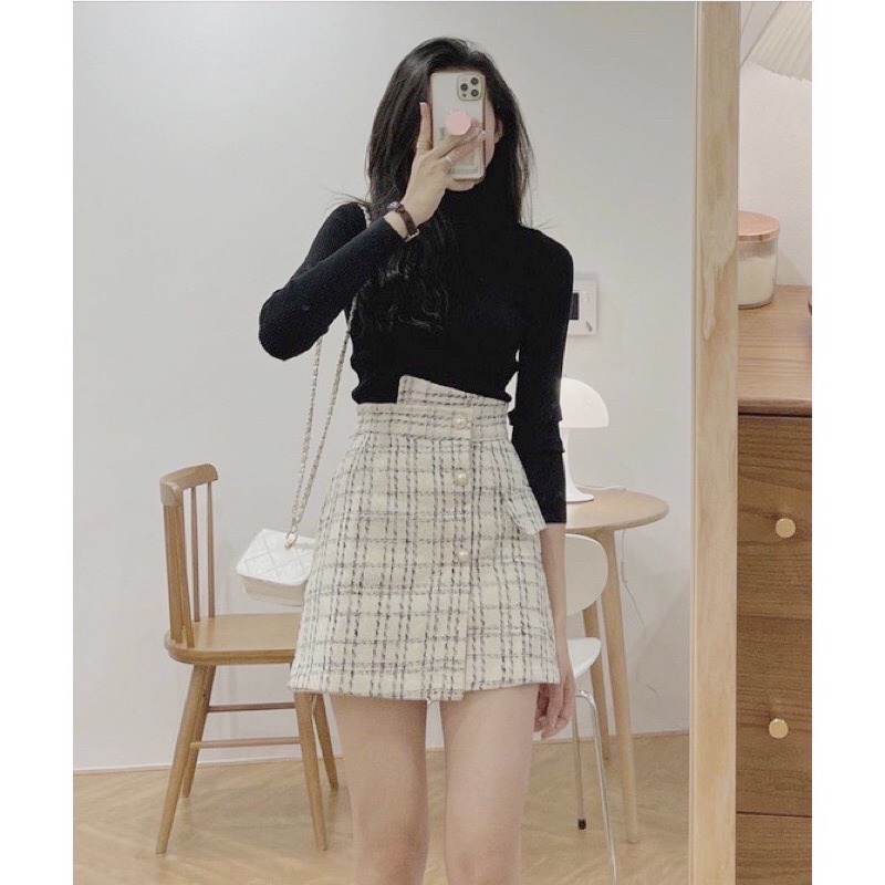 Chân váy dạ tweed  dày dặn có quần lót trong form chuẩn hàng quảng châu, chân váy kim tuyến dáng chữ A hách dáng.