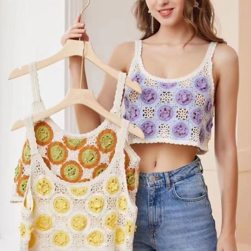 Brroa Áo Croptop Dệt Kim Không Tay Họa Tiết Hoa Tròn Màu Sắc Tương Phản Thời Trang Mùa Hè Cho Nữ