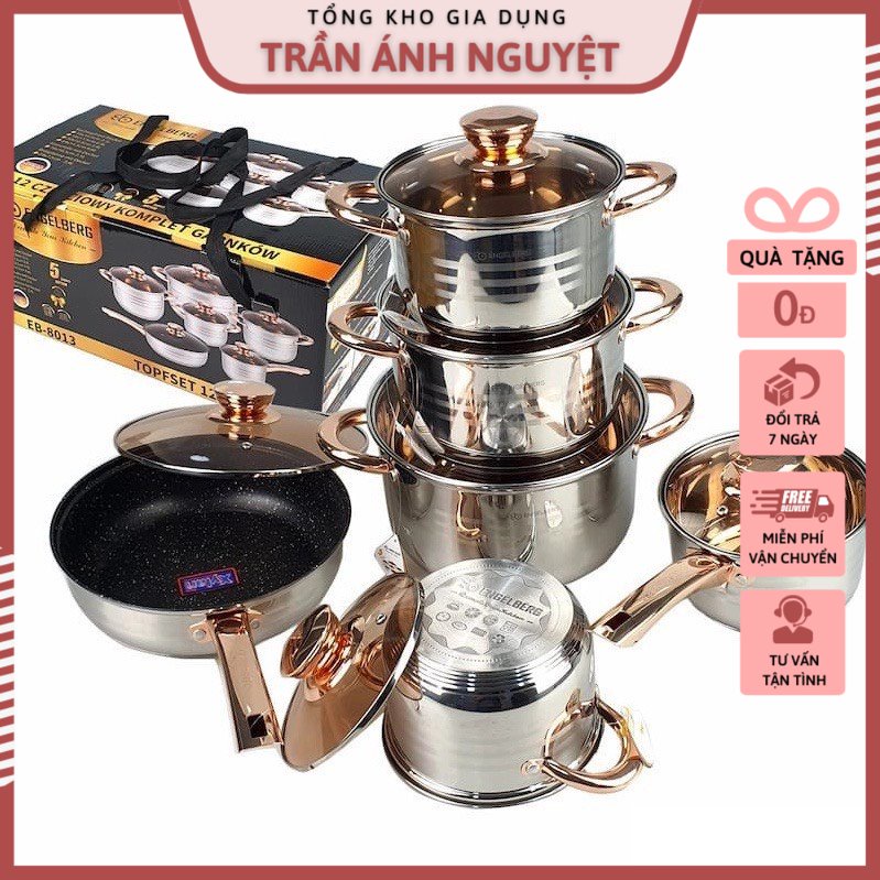 Bộ Nồi Đức 6 Món 12 Chi Tiết Engelberg 5 Lớp Dày Dặn Từ Chất Liệu Thép Hợp Kim Đặc Biệt Không Gỉ Thiết Kế Sang Trọng