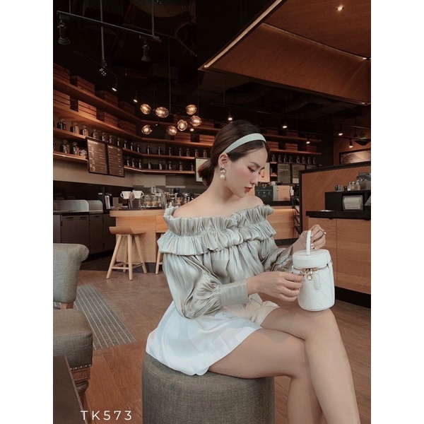 Áo nữ trễ vai tay dài phồng chất liệu orangza màu trắng xanh hồng vàng Np shop