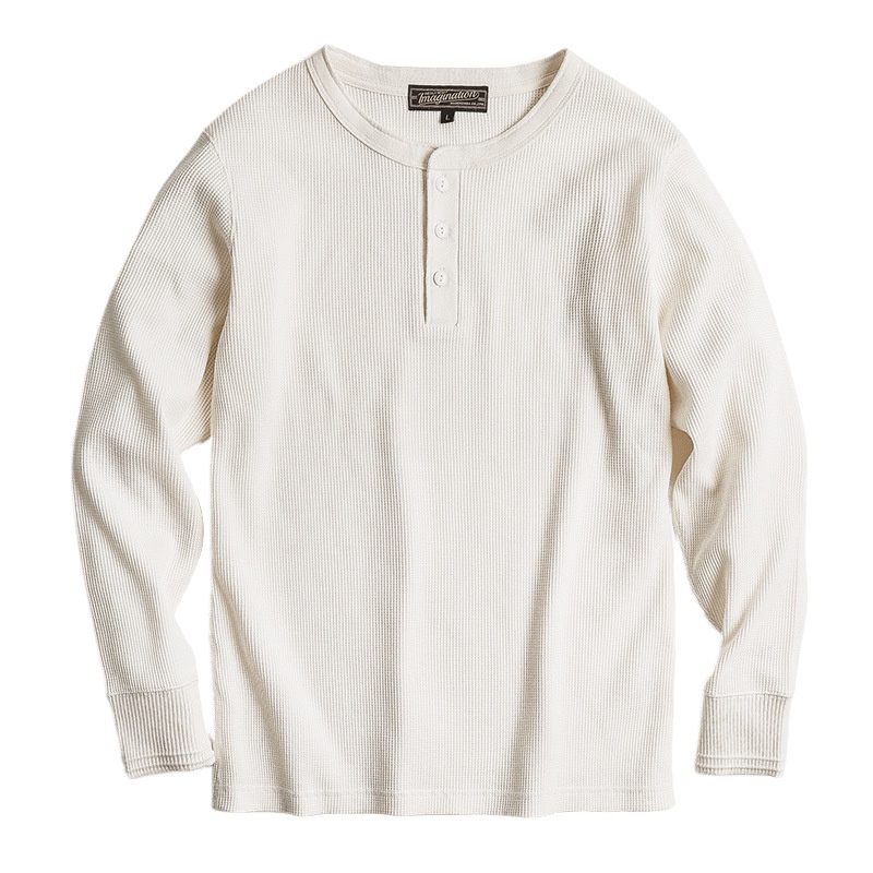 MADEN Tooling Vintage Waffle Henry Shirt Ami Khaji Solid Color Retro Long Sleeve T-Shirt