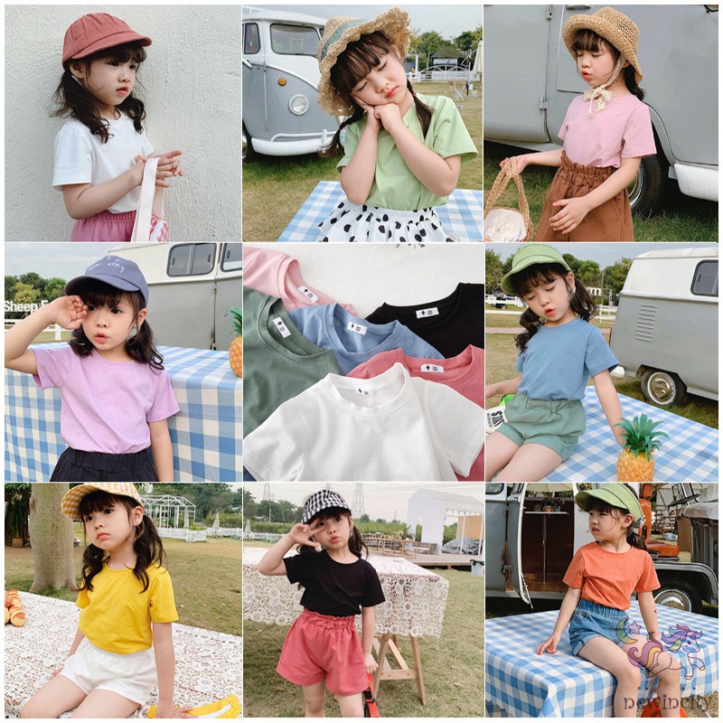 Áo Thun Tay Ngắn Màu Trơn Phong Cách Hàn Quốc Cho Bé Gái