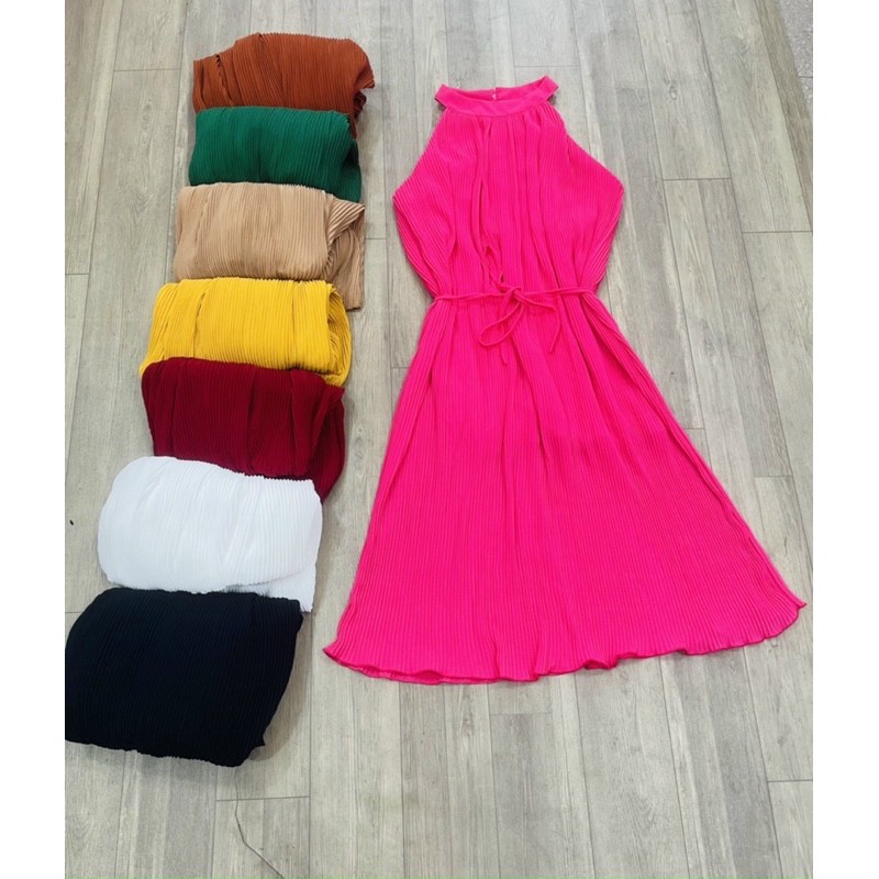 Đầm dáng suông dập ly cổ yếm cột nơ siêu đẹp hình thật trải sàn