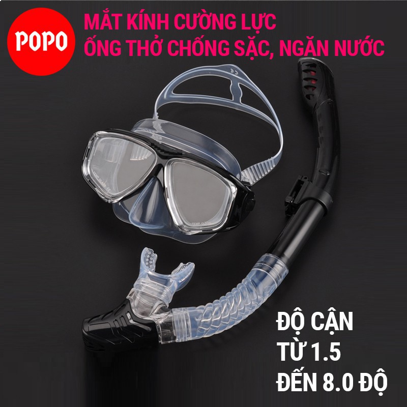 Kính lặn cận thị mắt cường lực POPO mặt nạ có thể mua kèm ống thở ngăn nước, kiếng cản tia UV