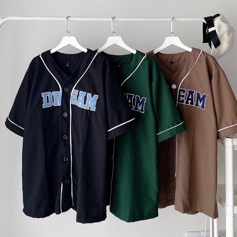 Áo Sơmi Bóng Chày Form Rộng Tay Ngắn Chữ Thêu DREAM  Nam nữ unisex  Áo Sơ Mi Tay Lỡ form rộng style Ulzzang