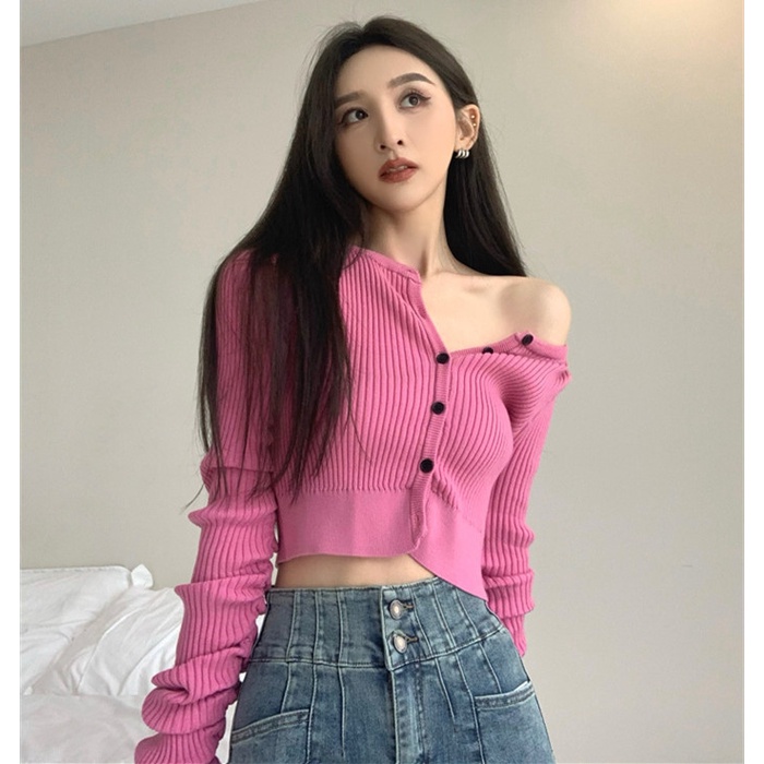 Bộ Áo Dệt Kim Dài Tay + Quần Denim Lưng Cao Thời Trang Dành Cho Nữ