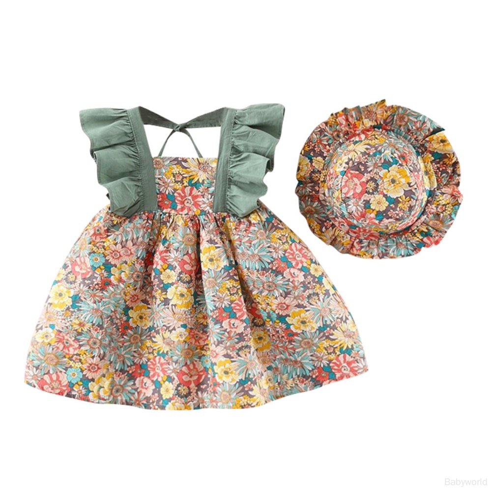 Đầm Hai Dây Họa Tiết Hoa Kèm Mũ Dáng Chữ A Xinh Xắn Cho Bé Gái