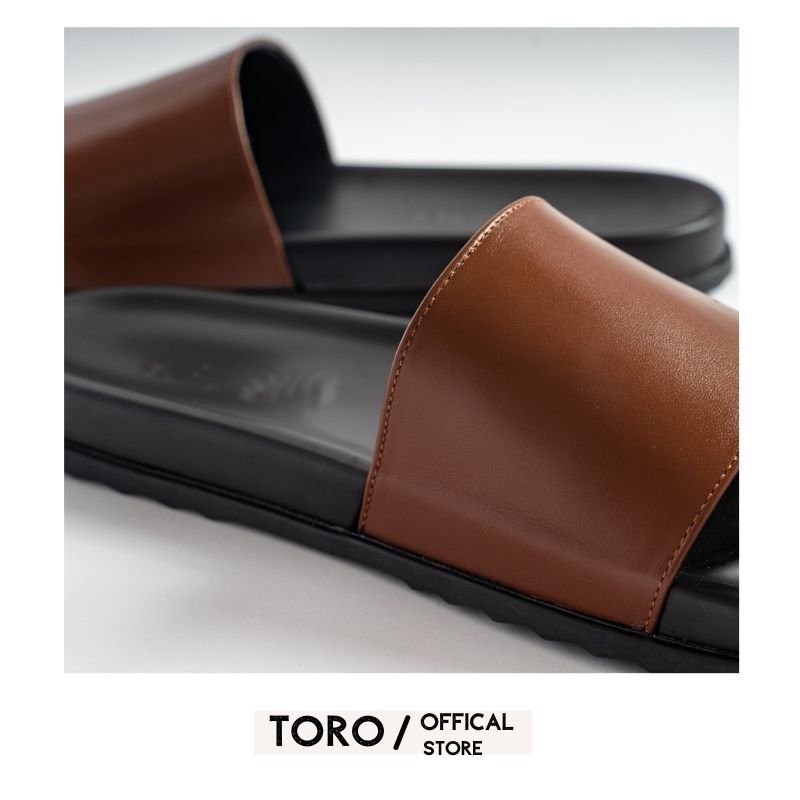 Dép nam , dép da nam quai ngang da bò cao cấp Toro màu nâu - bảo hành 6 tháng N08