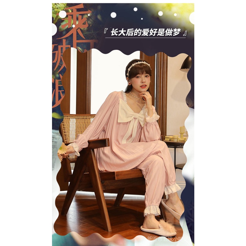 Bộ Đồ Ngủ Tay Dài Chất Cotton Phong Cách Công Chúa Dễ Thương Thời Trang Thu Đông Cho Nữ