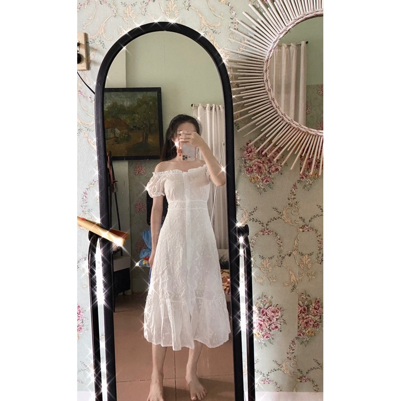 JANE'S  sẵn Đầm trễ vai trắng công chúa hoa nhí nổi Vintage trong sáng thuần khiết chất đẹp y hình J0088 feelback cuối | BigBuy360 - bigbuy360.vn