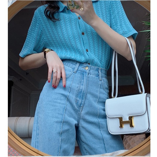 Áo Cardigan Dệt Kim Tay Ngắn Dáng Rộng Cổ Polo Phong Cách Hàn Quốc Thời Trang Cho Nữ