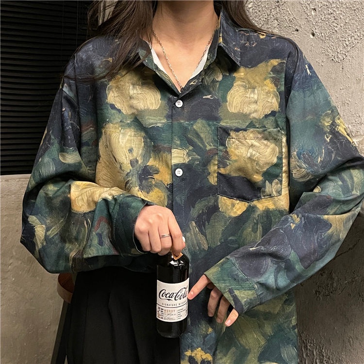 Áo Sơ Mi Dáng Rộng In Họa Tiết Màu Xanh Lá Phong Cách Mới Cho Nữ