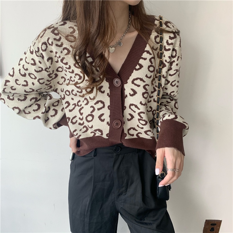 Áo Khoác Cardigan Dệt Kim Cổ Chữ V Hoạ Tiết Da Báo Thời Trang Mùa Đông