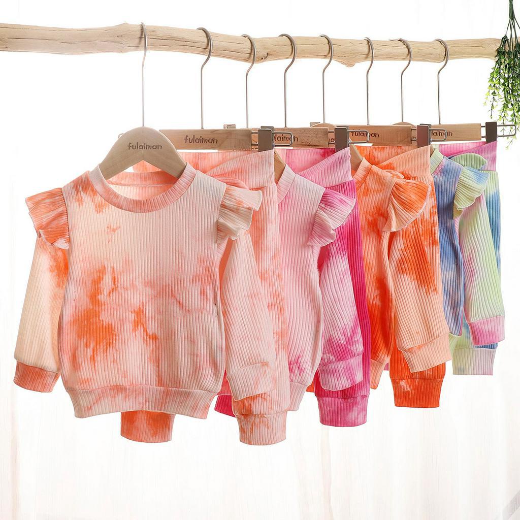 Set Áo Thun Tay Dài &amp; Quần Dài Họa Tiết Màu Nhuộm Cho Bé