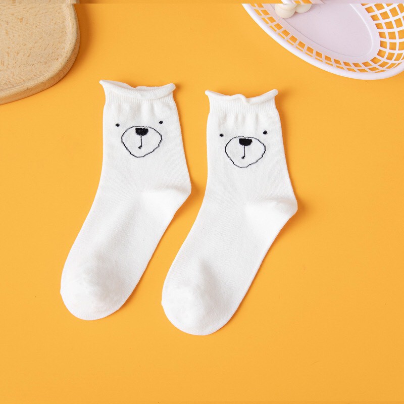 Set tất nhún cổ cao, vớ cổ họa tiết gấu vintage hoạt hình dễ thương T105