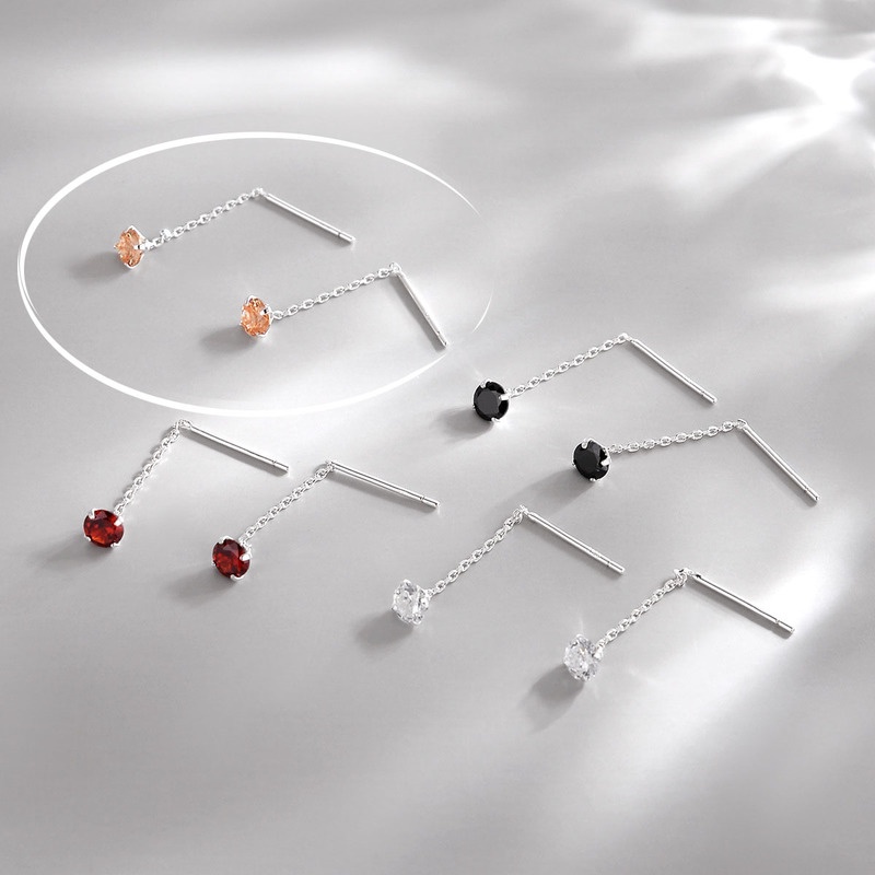 Ahellogirl Mạ Bạc Khuyên tai dáng dài đính đá zircon thời trang Hàn Quốc nữ