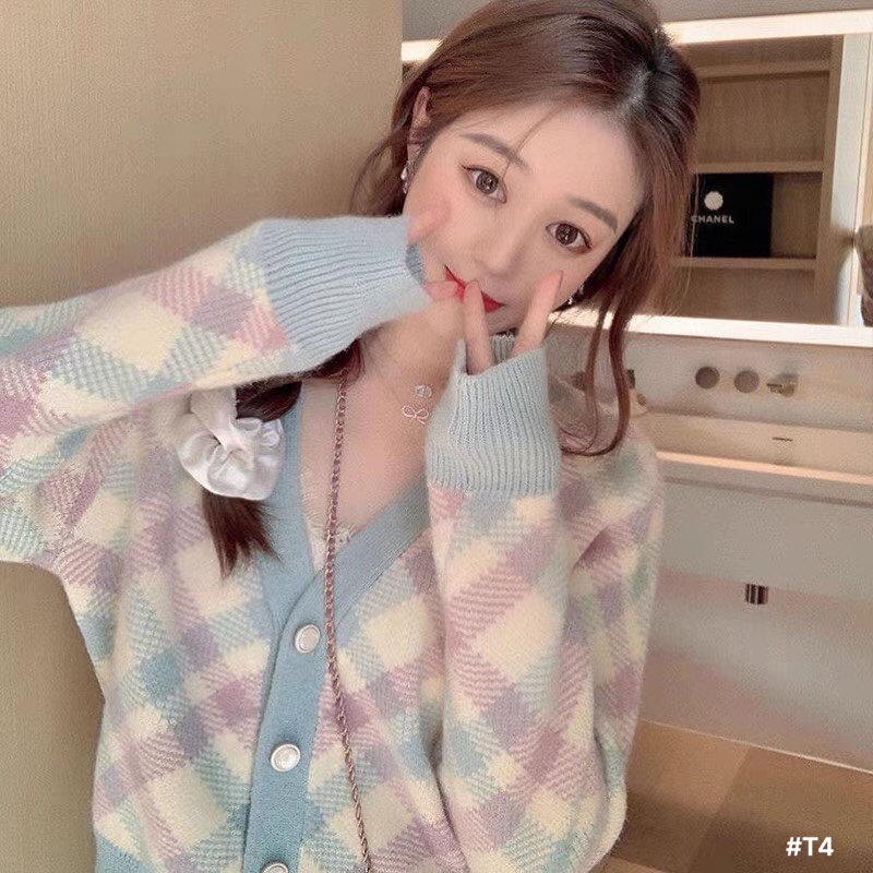 (Oder) Áo khoác Cardigan dệt dáng ngắn trẻ trung màu xanh phối tím