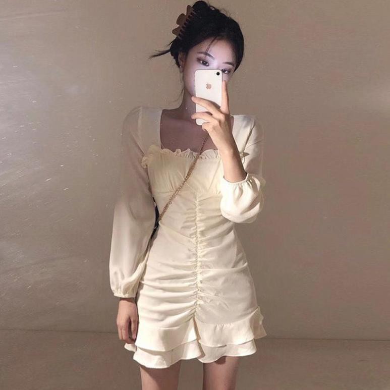 Váy ulzzang nữ dáng xòe đuôi cá ôm body, Đầm trắng ulzzang dài tay dự tiệc - Roxie New ྇