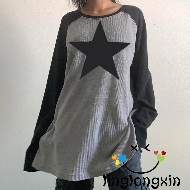 Linglongxi2-y2k Fairycore Grunge Áo Thun Dài Tay Dáng Rộng In Hình Ngôi Sao Gothic Mall Goth Vintage Giản Dị