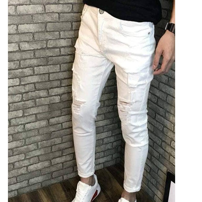 Quần jean nam trắng rách gối chất jean co dãn rách xước nhẹ cao cấp | BigBuy360 - bigbuy360.vn