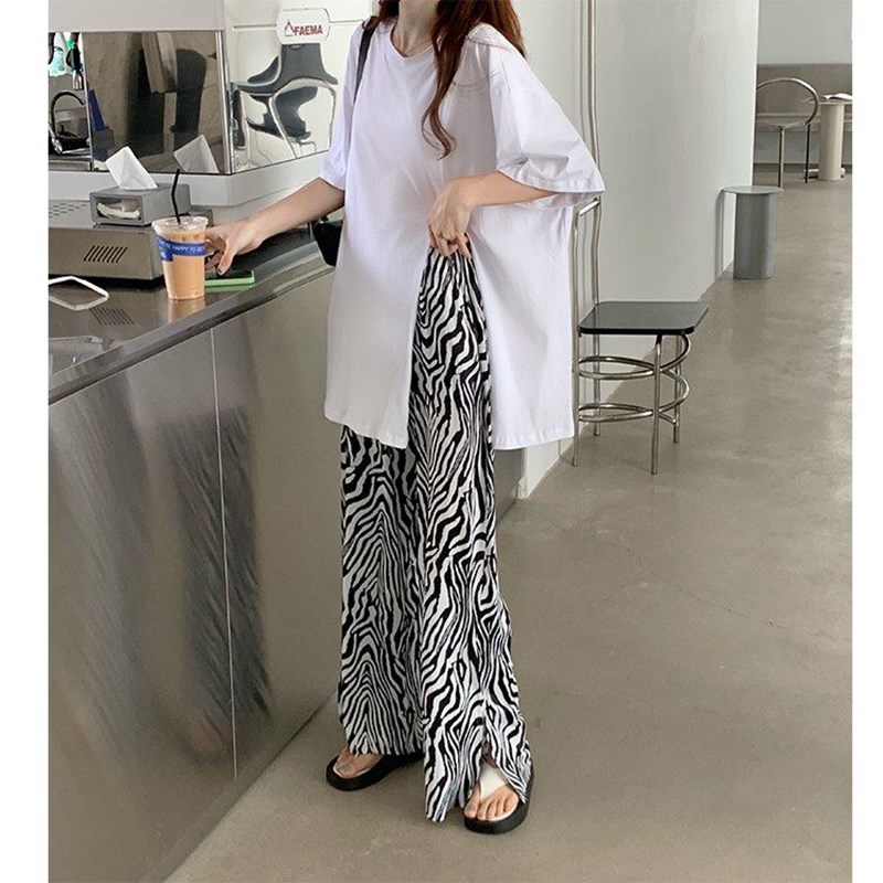 Fashionable Zebra Pattern with High Waist Female Long Pants Wide Tube