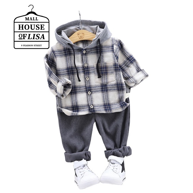 boy outfit clothing set boy clothing Boys Outfits Long Sleeves Plaid Hoodie+Solid Color Pants Leisure Clothing Suits 