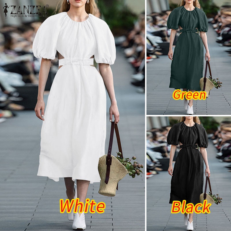 Đầm Zanzea thiết kế dài tay ngắn màu trơn thiết kế khoét eo phong cách châu Âu cho nữ