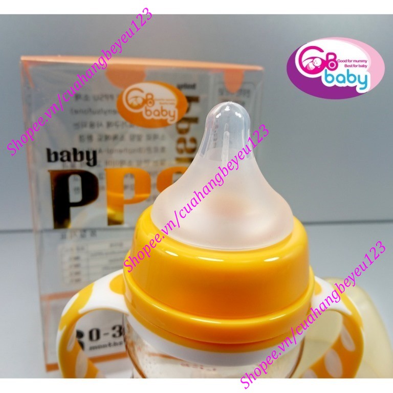 Bình sữa 180ml Cổ rộng PPSU Cao cấp có tay cầm, có van chống sặc GB Baby (Tặng 1 núm ty GB-baby, Que thông tắc sữa)