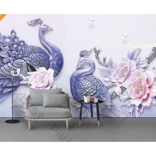 Tranh dán tường Tranh đôi chim công và hoa mẫu đơn nổi bật, tranh dán tường 3d hiện đại (tích hợp sẵn keo) MS883689