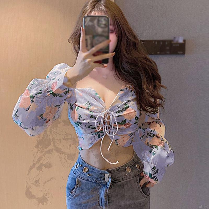 Áo Sơ Mi Lửng Tay Dài Rút Dây In Hoa Gợi Cảm Phong Cách Hàn Quốc Thời Trang Cho Phụ Nữ