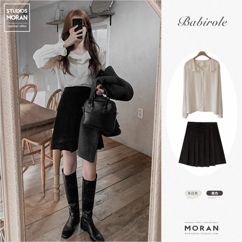 (ORDER) Set áo sơ mi MORAN dài tay cổ phối bèo điệu đà + Chân váy xòe xếp ly style Hàn Quốc (HÀNG MỚI VỀ) -junjun