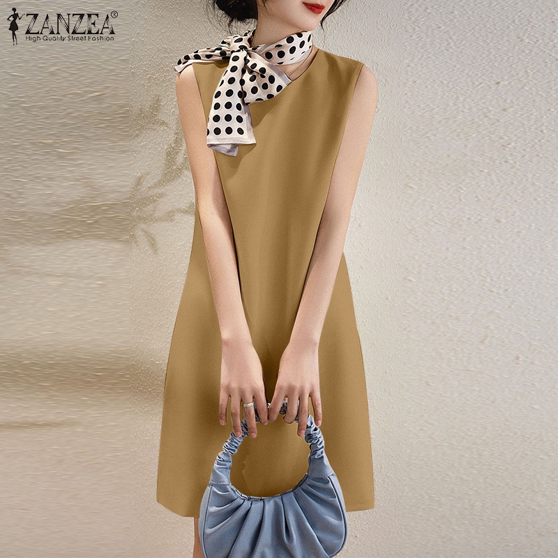 Zanzea Đầm Dài Qua Gối Không Tay Cổ Tròn Màu Trơn Thời Trang Hàn Quốc Thanh Lịch Dành Cho Nữ