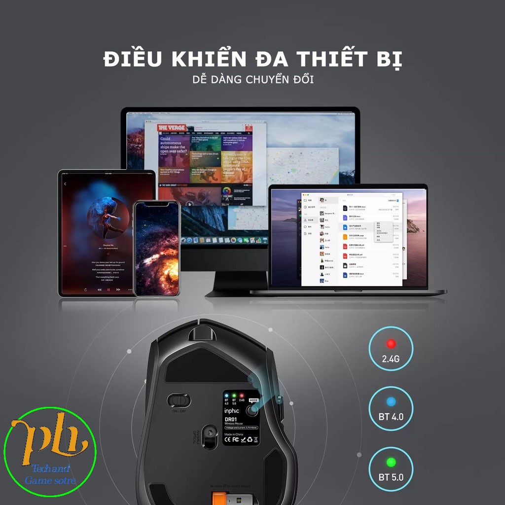 Chuột không dây INPHIC DR01 - Chuột Bluetooth Pin sạc - có đèn Led báo mức Pin - DPI lên đến 1600 - Hàng Chính Hãng